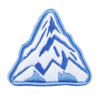 A triangular embroidered patch features stylized mountain design in shades of blue and white, evoking sense of adventure and exploration. intricate stitching adds texture and depth png