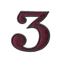 A decorative embroidered number three in maroon with black outline, showcasing intricate stitching and texture. design is bold and elegant, suitable for apparel or crafts png