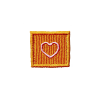 An embroidered patch features pink heart orange square background, showcasing intricate stitching and vibrant design. patch is isolated transparency background, highlighting its colorful details png