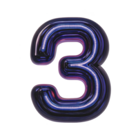A vibrant, neon number three with glowing purple and blue hues, creating futuristic and energetic feel. design features layered, illuminated effect that stands out against transparency background png