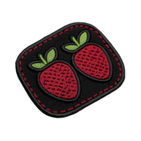 A square embroidered patch features two vibrant red strawberries with green leaves on transparency background, outlined with red stitching, creating playful and colorful design png