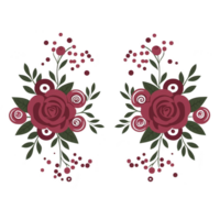 A pair of symmetrical floral designs featuring red roses, green leaves, and small red berries, creating harmonious and elegant pattern. arrangement is decorative and artistic png