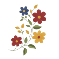 A Colorful embroidered flowers with green leaves create vibrant and cheerful design, featuring red, yellow, and blue blooms. intricate stitching adds texture and depth to floral pattern png