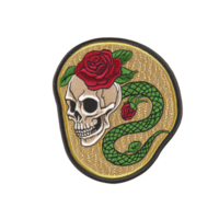 A vibrant embroidered patch features skull adorned with red rose and green snake coiled around it, set against golden background. design is bold and striking png
