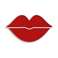 A bold red lips patch with textured surface and white outline, symbolizing style and fashion. This design is perfect for adding playful touch to clothing or accessories png