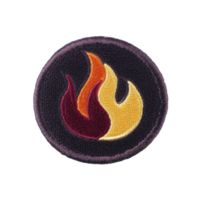 A This features circular embroidered patch with flame design orange, yellow, and red transparency background. patch has border and conveys sense of warmth and energy.flame patch design transparency png