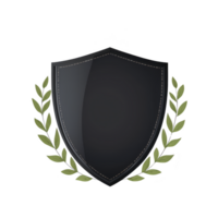 A sleek black shield with glossy finish is adorned with laurel wreath, symbolizing victory and honor. minimalist design conveys strength and elegance png