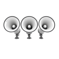 A Three white megaphones are aligned in row, facing forward, against plain background. image emphasizes communication and amplification png