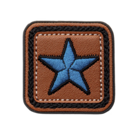 A square leather patch with blue embroidered star in center, featuring detailed stitching and textured surface, evokes sense of craftsmanship and style png
