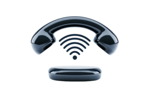 A glossy, metallic phone receiver icon with wireless signal waves, symbolizing communication and connectivity. sleek design suggests modern technology and digital interaction png