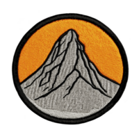 A circular embroidered patch features stylized mountain peak against orange background, symbolizing adventure and exploration. design is simple yet striking, ideal for outdoor enthusiasts png