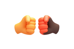 A Two cartoon hands different skin tones are shown fist bump gesture, symbolizing unity and friendship. hands are stylized with bright colors and 3D effect, conveying playful and positive message png