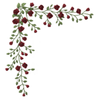 A beautiful corner design featuring red roses and green leaves, creating elegant and romantic floral arrangement. intricate details of roses and leaves add touch of nature and sophistication png