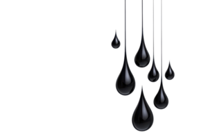 A Black oil droplets of varying sizes are suspended against transparency background, creating striking contrast. droplets appear glossy and reflective, suggesting liquid texture png