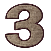 A large, textured number three with burlap fabric appearance and dark outline, creating rustic and vintage feel. design is bold and eye catching, suitable for crafts or decor png