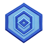 A blue embroidered patch features geometric hexagonal design with concentric shapes, creating layered effect. pattern is symmetrical and visually striking, showcasing intricate stitching png