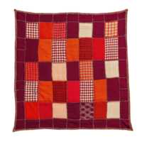 A vibrant patchwork quilt featuring variety of red, orange, and cream squares with different patterns, including checks and solids, creating warm and cozy appearance png