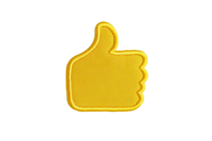 A Thumbs up emoji patch with yellow embroidery transparency background, symbolizing approval or agreement. patch has simple design, making it suitable for various applications like clothing or png