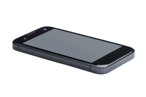 A sleek black smartphone with reflective screen lies on transparency background, showcasing its modern design and compact form png