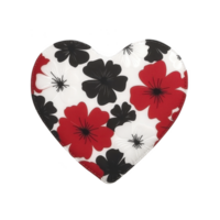 A heart shaped object with floral pattern featuring red, black, and white flowers on transparency background, creating vibrant and decorative design png