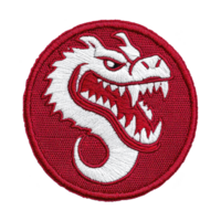 A This features circular embroidered patch with fierce white dragon design red background. dragon has sharp teeth and intense expression, symbolizing strength and power. patch is likely used png