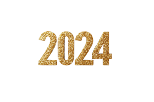 A Golden glittery 2024 text on transparency background, symbolizing celebration and New Year. sparkling design conveys festive and joyful atmosphere, perfect for holiday greetings and decorations png