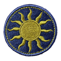 A round embroidered patch features vibrant yellow sun with wavy rays on deep blue background, symbolizing warmth and energy. intricate stitching adds texture and detail png