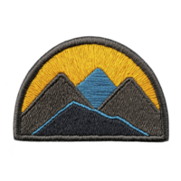 A colorful embroidered patch features stylized mountain design with vibrant yellow sun rising behind it, creating sense of adventure and exploration png
