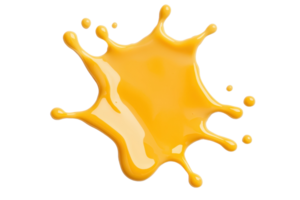 A vibrant yellow paint splash with dynamic droplets isolated on transparency background, showcasing fluid motion and artistic expression png