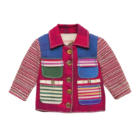 A Colorful patchwork jacket with striped sleeves and multiple pockets, featuring vibrant patterns and wooden buttons, perfect for playful and stylish look png