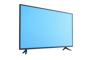 A modern flat screen television with sleek design and blue display, set on minimalist stand, perfect for contemporary living spaces png