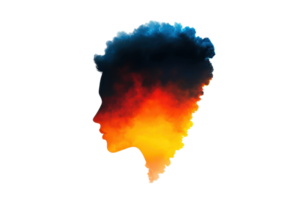 A silhouette of person profile is filled with vibrant clouds transitioning from blue to fiery red and yellow, symbolizing blend of calm and intense emotions png