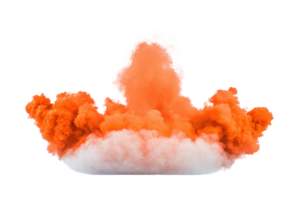 A vibrant orange smoke cloud billows dramatically against transparency background, creating striking visual effect. dense, swirling plumes of smoke form abstract, dynamic shape png