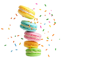 A Colorful macarons stacked with vibrant sprinkles scattered around, creating playful and joyful dessert scene. bright colors and sweet treats evoke sense of fun and celebration png