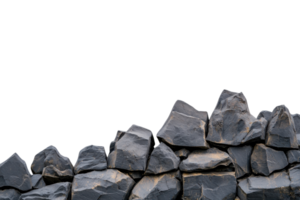 A row of dark, jagged rocks is arranged against transparent background, showcasing their rough texture and natural formation. rocks vary in size and shape, creating uneven and rugged appearance png