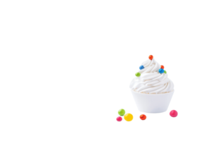A swirl of creamy frozen yogurt topped with colorful candy in white cup, surrounded by scattered candies, creates delightful and playful dessert scene png