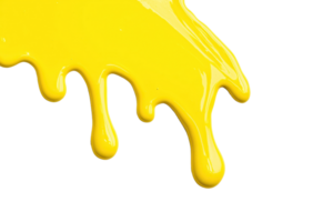 A Bright yellow paint drips against transparency background, creating vibrant and dynamic visual effect. glossy texture and fluid motion of paint add sense of movement and creativity png