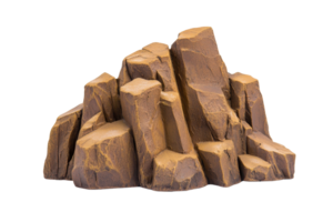 A collection of brown, jagged rocks stacked together, resembling small mountain or rocky terrain, isolated on transparency background. texture and color suggest natural, earthy appearance png