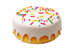 A round vanilla cake with white icing and colorful sprinkles on top, creating festive and cheerful appearance. icing drips slightly over edges, adding to its appeal png