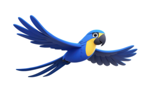 A vibrant blue parrot with yellow accents is depicted in mid flight, showcasing its wide wingspan and dynamic pose against transparency background png