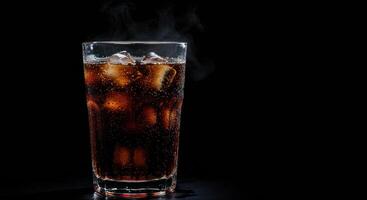 Refreshing dark soda with ice cubes in glass on black background. Fizzy drink with bubbles and condensation. Cold beverage concept for summer refreshment. photo