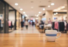 Coffee cup on wooden table with blurred shop interior. Hot drink in mug with steam. Cafe, break, shopping, lifestyle concept. Copy space for text. photo