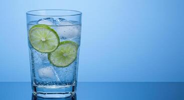 Refreshing gin and tonic with ice cubes and lime slices in a glass on a blue background. Perfect for summer drinks and cocktail concepts. photo