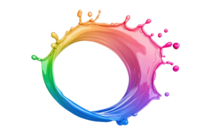 A vibrant splash of multicolored paint forms dynamic circular shape, showcasing spectrum of colors from green to pink. fluid motion and vivid hues create energetic and artistic visual png