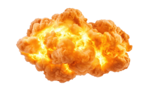 A fiery explosion with bright orange and yellow flames and smoke billowing outward, creating dramatic and intense visual effect png