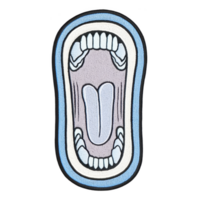 A This features stylized illustration of open mouth with visible teeth and tongue, surrounded by blue and white border, creating bold and expressive design png
