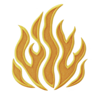 A This features vibrant orange flame design with stylized, embroidered appearance, set against transparent background. flame dynamic shape conveys energy and warmth. Flame design with vibrant orange png