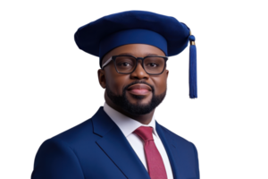 A man in blue graduation cap and gown with red tie, smiling confidently, symbolizes academic achievement and success. background is plain, emphasizing subject attire and expression png