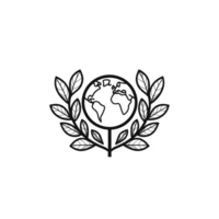 A This features hand drawn globe surrounded by laurel branches, symbolizing global unity and peace. simple black and white design conveys sense of harmony and environmental awareness png