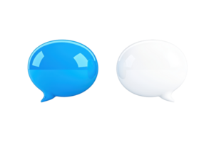 A Two glossy speech bubbles, one blue and one white, are depicted side by side, symbolizing communication and dialogue. shiny surface reflects light, adding modern and digital feel png